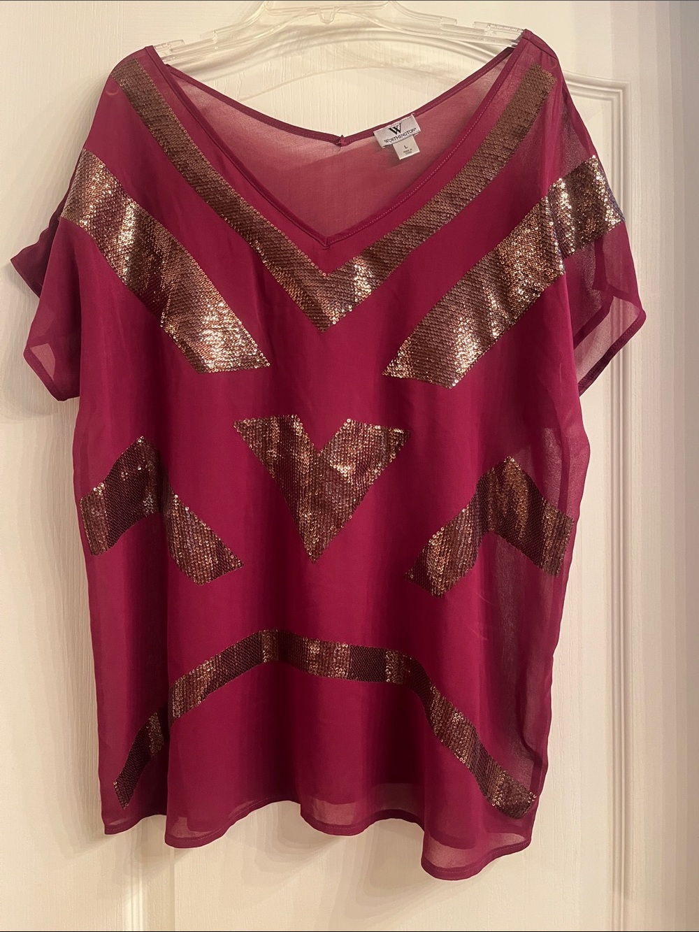 W by Worth Magenta Sheer Top with Metallic Sequin Chevron Stripes